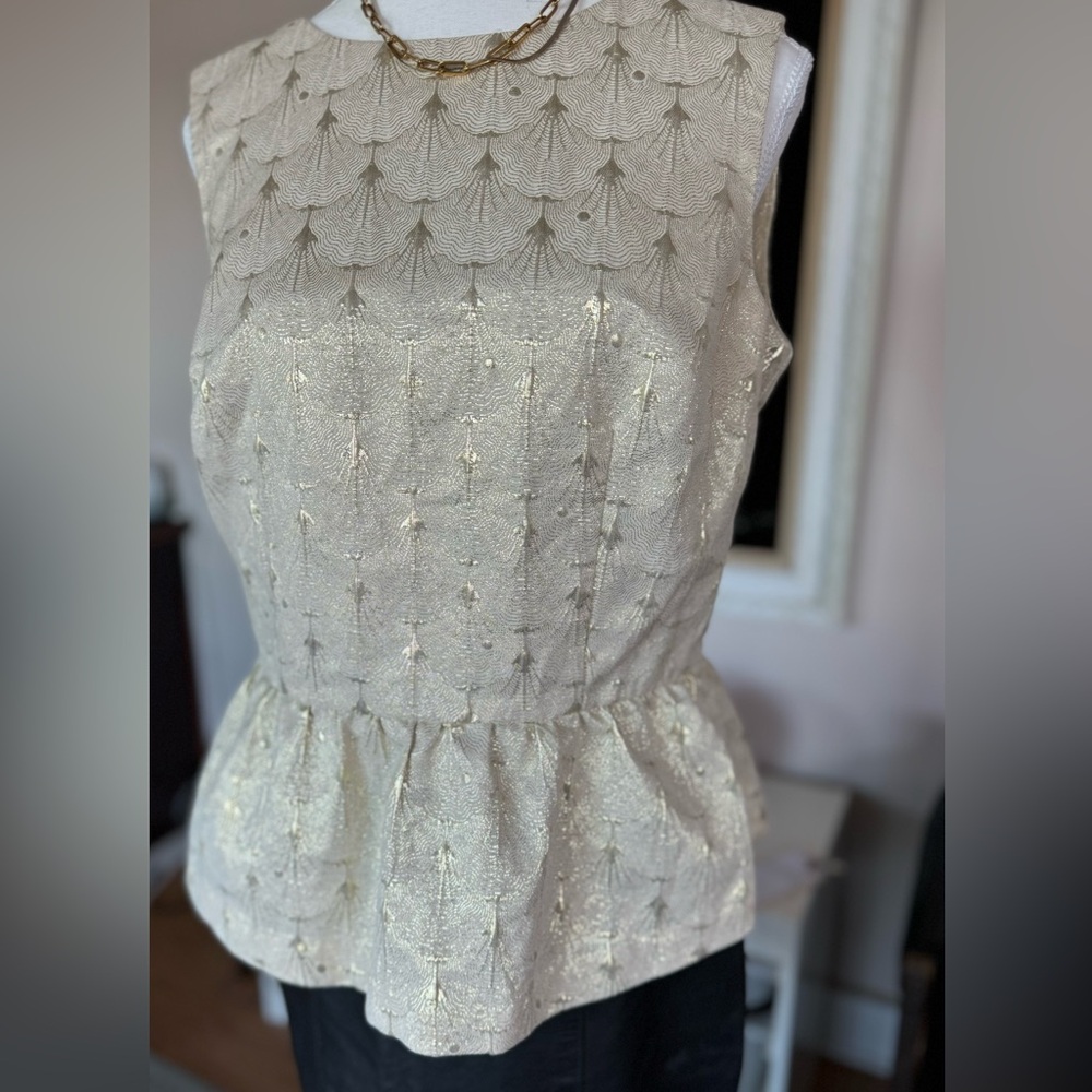 H&M Top - Beige Gold Metallic Peplum Sleeveless Round Neck Vintage Style Size 14
